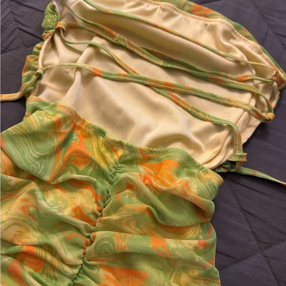 Vibrant Green and Orange Ruched Dress Allover Print Lace Up Backless - Picture 5 of 13